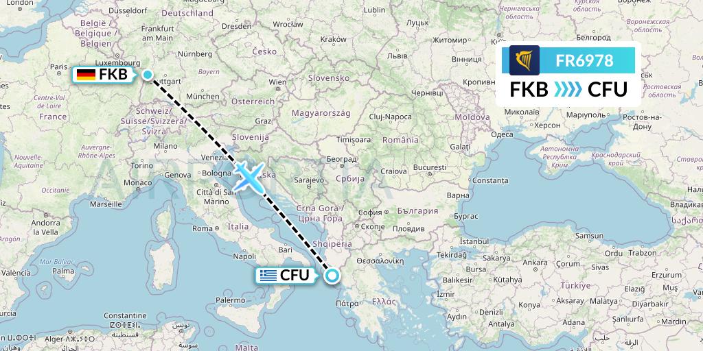 FR6978 Ryanair Flight Map: Karlsruhe/Baden-Baden to Corfu