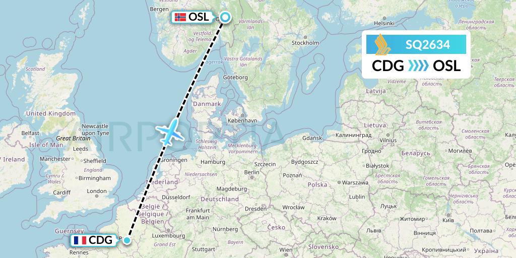 SQ2634 Singapore Airlines Flight Map: Paris to Oslo