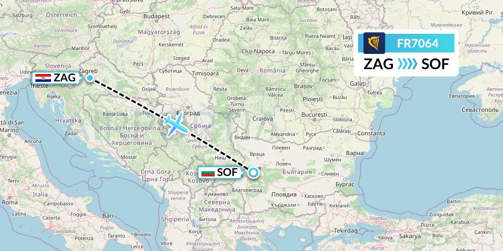 FR7064 Ryanair Flight Map: Zagreb to Sofia