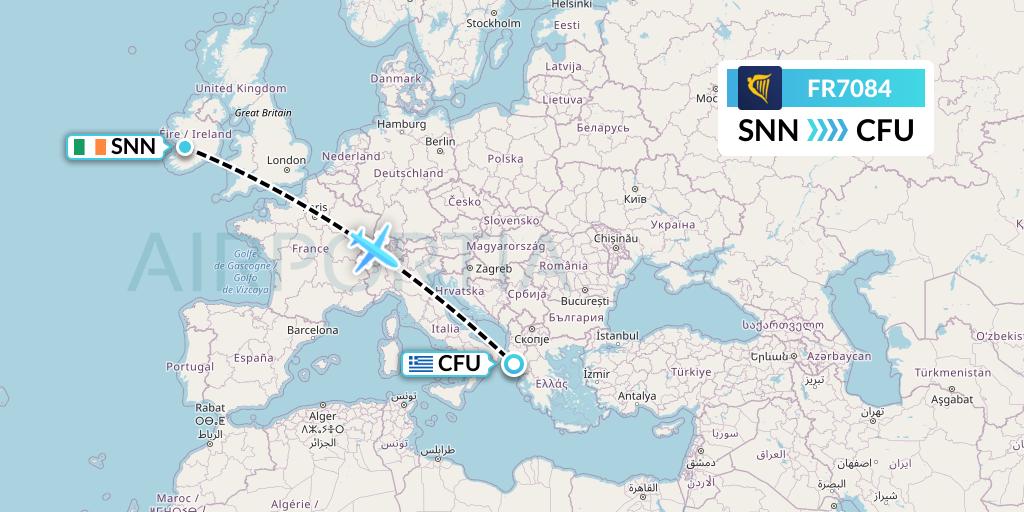 FR7084 Ryanair Flight Map: Shannon to Corfu