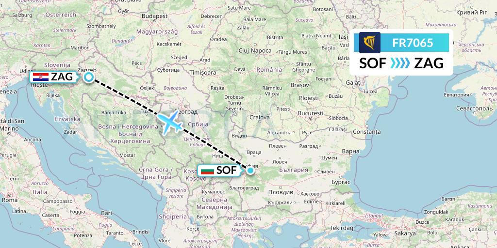 FR7065 Ryanair Flight Map: Sofia to Zagreb