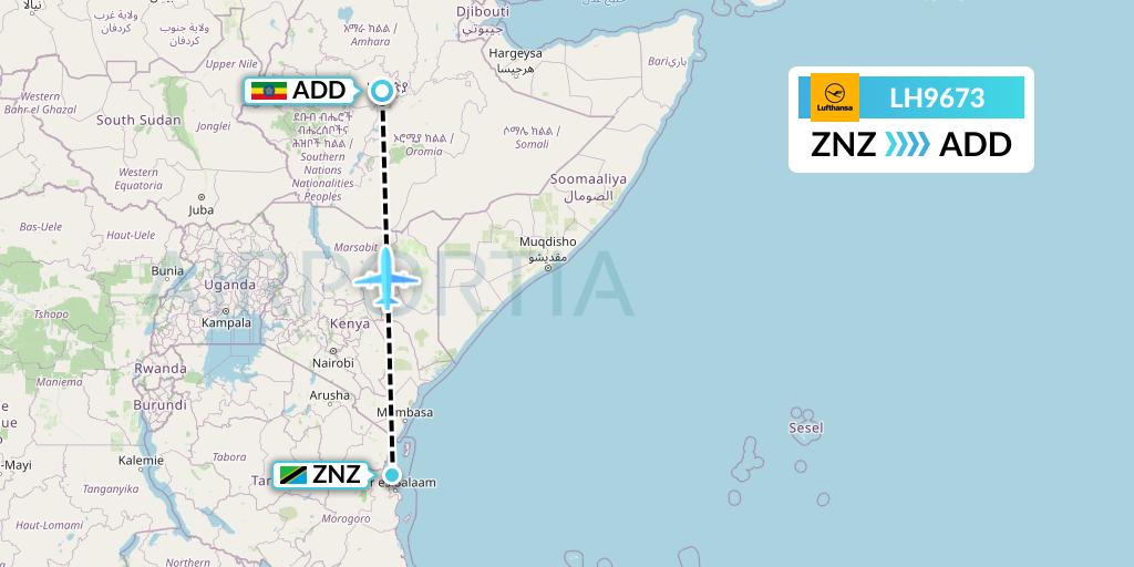 LH9673 Lufthansa Flight Map: Zanzibar to Addis Ababa