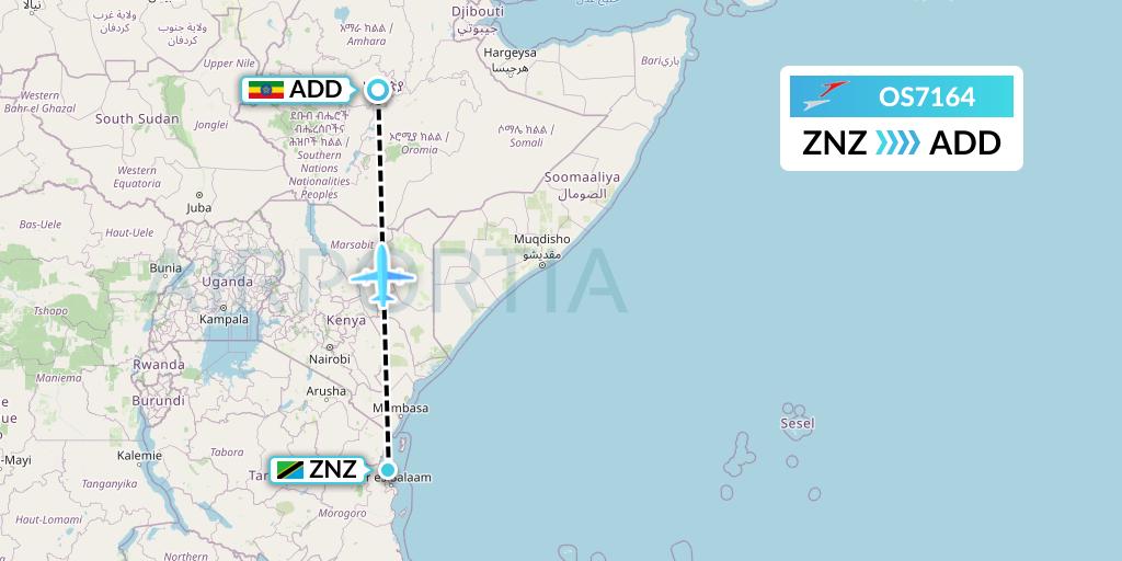 OS7164 Austrian Airlines Flight Map: Zanzibar to Addis Ababa