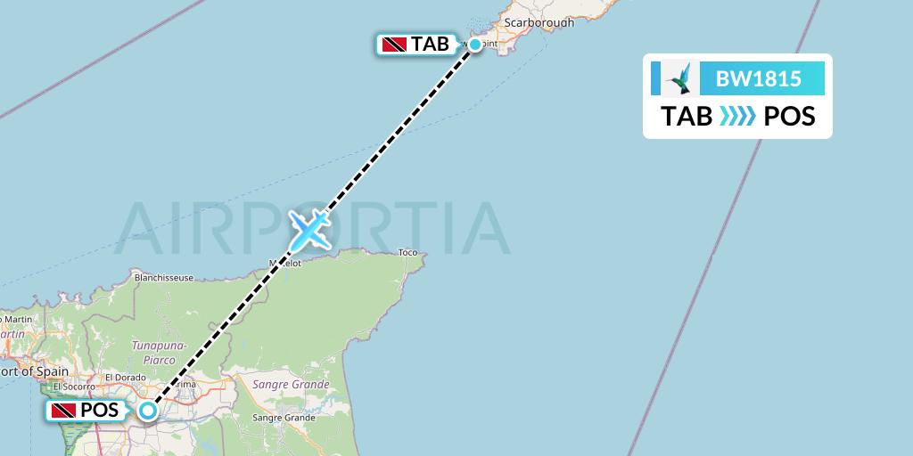 BW1815 Caribbean Airlines Flight Map: Scarborough to Port of Spain