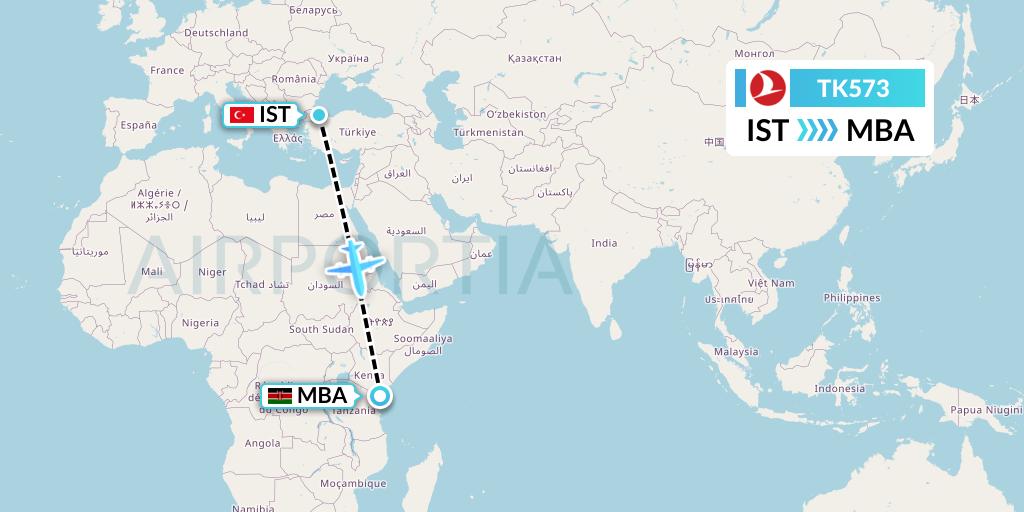 TK573 Turkish Airlines Flight Map: Istanbul to Mombasa