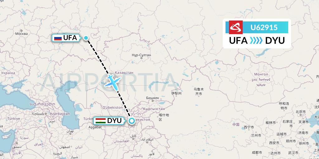 U62915 Ural Airlines Flight Map: Ufa to Dushanbe