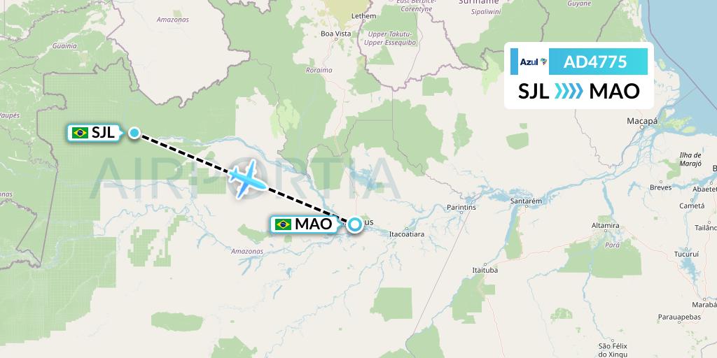 AD4775 Azul Brazilian Airlines Flight Map: Sao Gabriel Da Cachoeira to Manaus