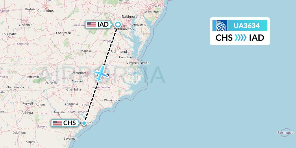 UA3634 United Airlines Flight Map: Charleston to Washington