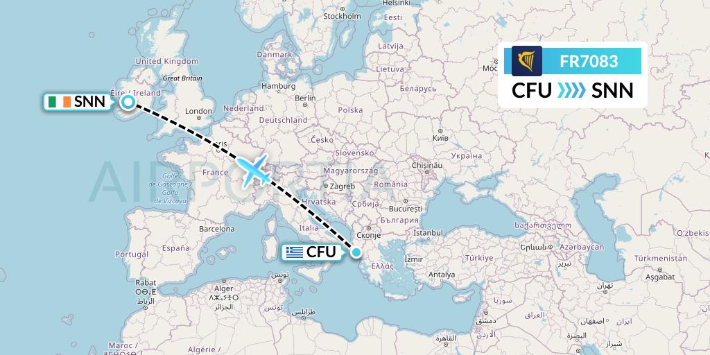 FR7083 Ryanair Flight Map: Corfu to Shannon