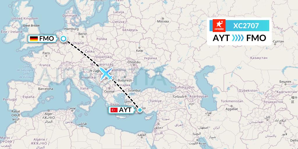 XC2707 Corendon Airlines Flight Map: Antalya to Munster