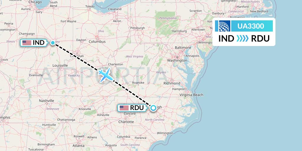 UA3300 United Airlines Flight Map: Indianapolis to Raleigh-Durham