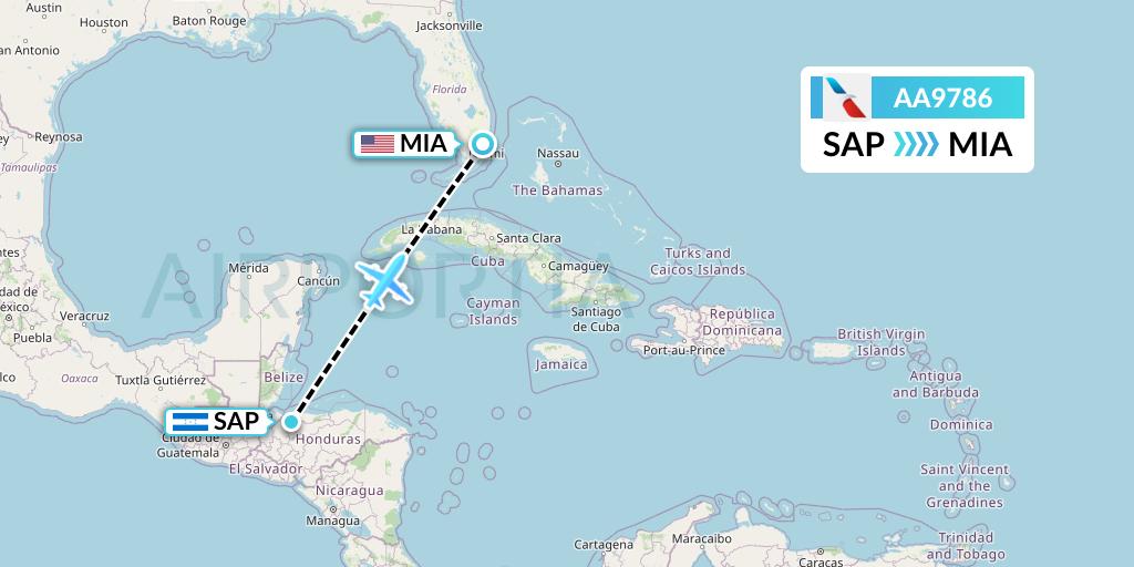 AA9786 American Airlines Flight Map: San Pedro Sula to Miami