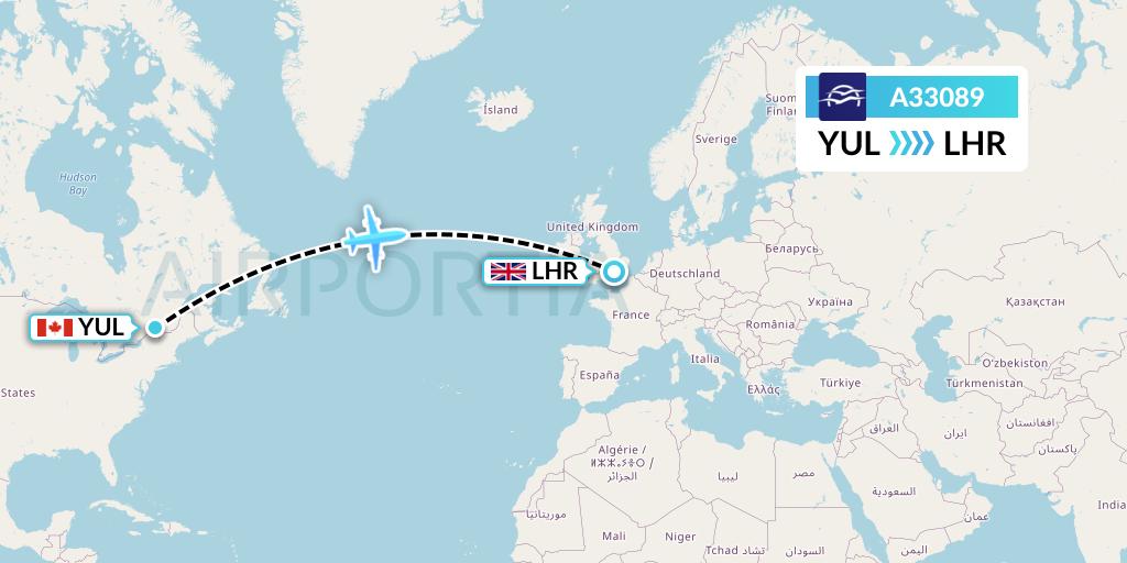 A33089 Aegean Airlines Flight Map: Montreal to London