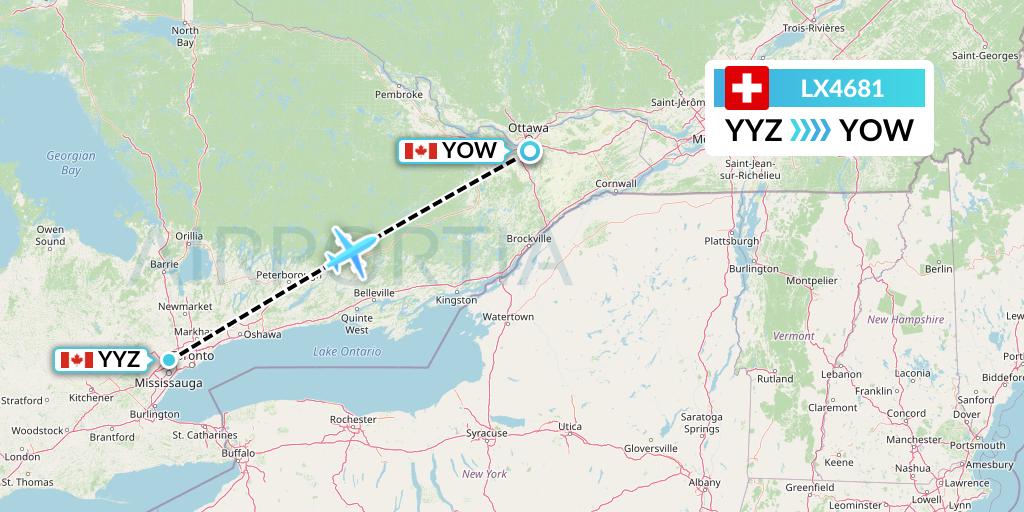 LX4681 Swiss Flight Map: Toronto to Ottawa