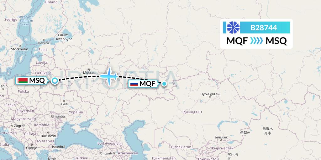 B28744 Belavia Flight Map: Magnitogorsk to Minsk