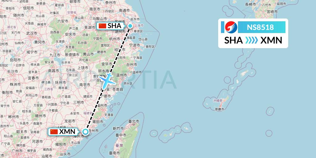 NS8518 Hebei Airlines Flight Map: Shanghai to Xiamen