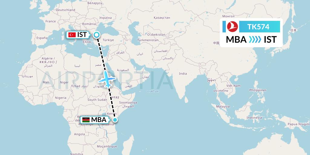 TK574 Turkish Airlines Flight Map: Mombasa to Istanbul