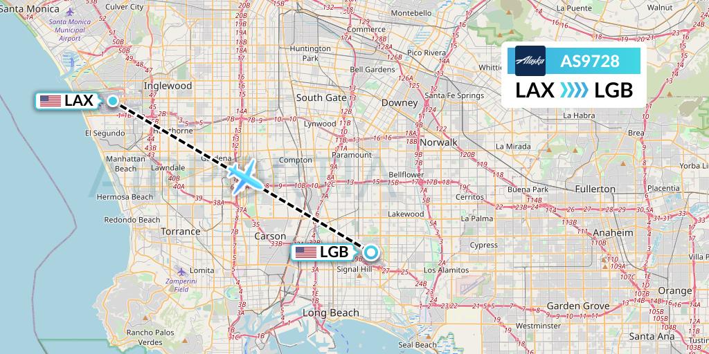 AS9728 Alaska Airlines Flight Map: Los Angeles to Long Beach