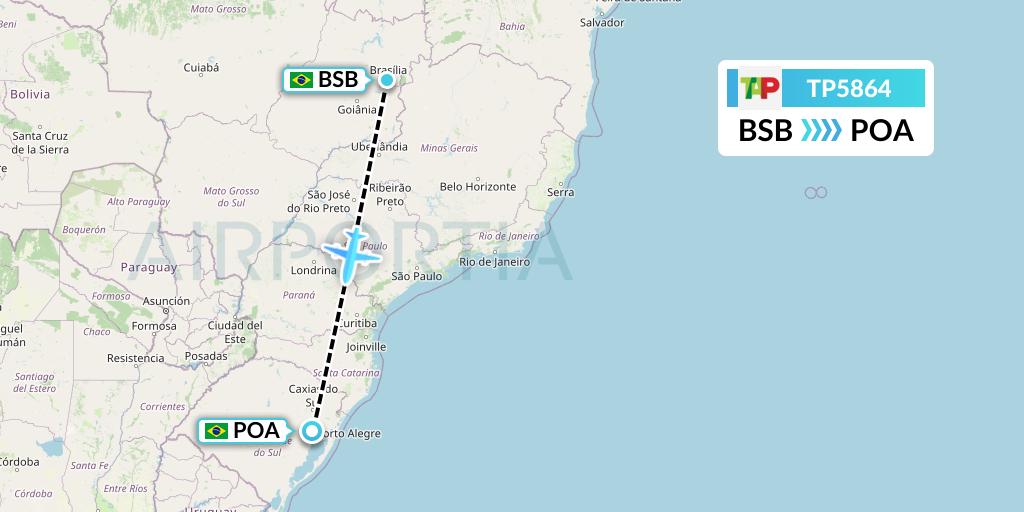 TP5864 TAP Portugal Flight Map: Brasilia to Porto Alegre