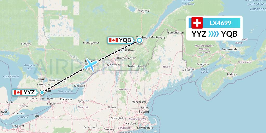 LX4699 Swiss Flight Map: Toronto to Quebec