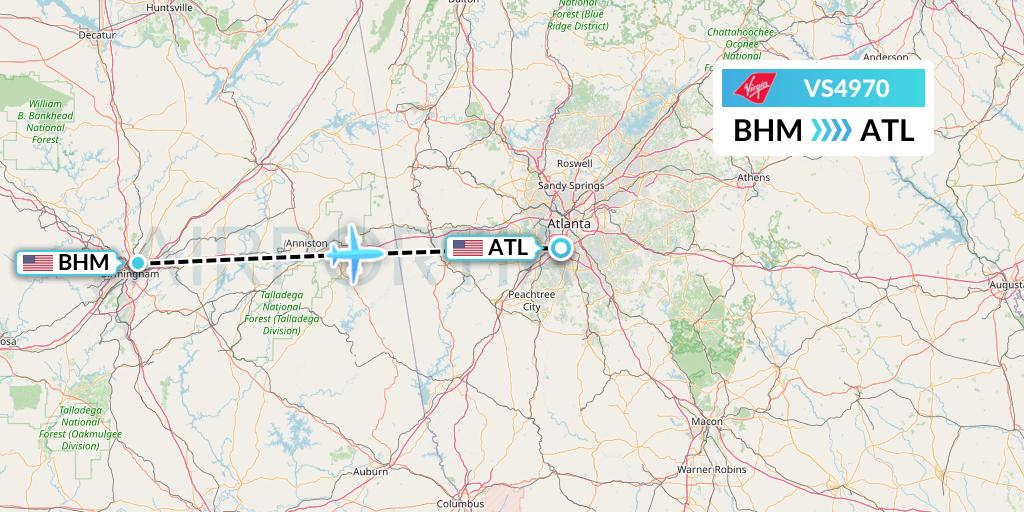 VS4970 Virgin Atlantic Airways Flight Map: Birmingham to Atlanta