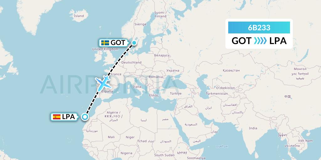 6B233 TUI fly Nordics Flight Map: Gothenburg to Las Palmas