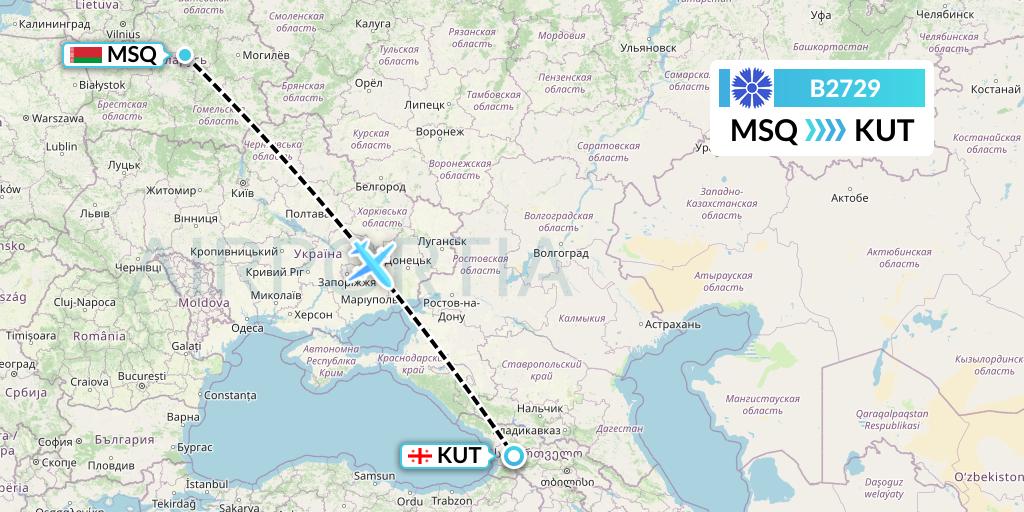 B2729 Belavia Flight Map: Minsk to Kutaisi