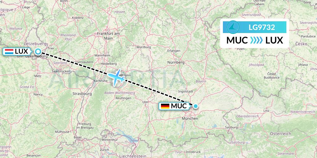 LG9732 Luxair Flight Map: Munich to Luxembourg