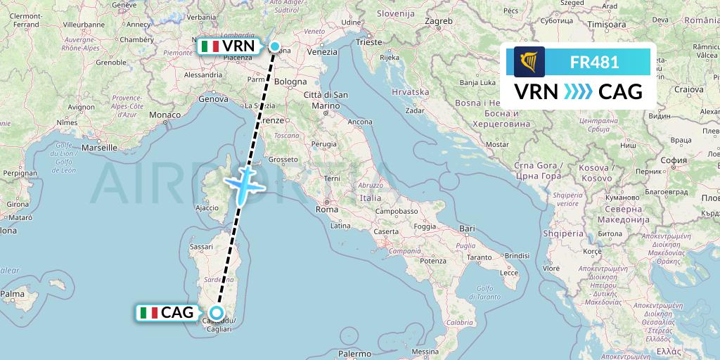 FR481 Ryanair Flight Map: Verona to Cagliari