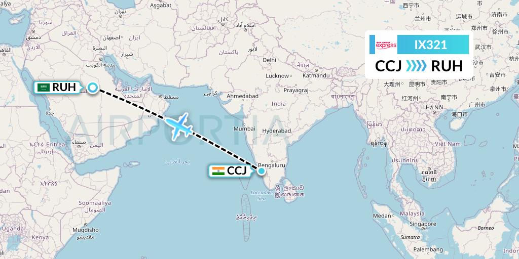 IX321 Air India Express Flight Map: Kozhikode to Riyadh