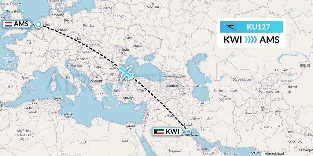 KU127 Kuwait Airways Flight Map: Kuwait City to Amsterdam