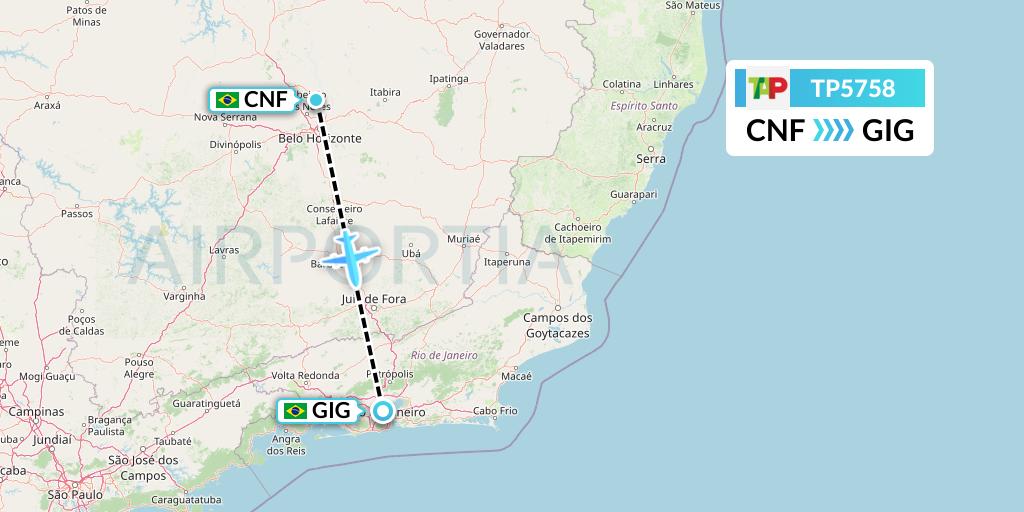 TP5758 TAP Portugal Flight Map: Belo Horizonte to Rio de Janeiro