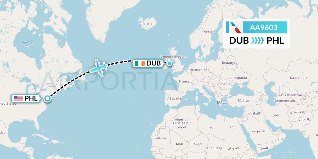 AA9603 American Airlines Flight Map: Dublin to Philadelphia
