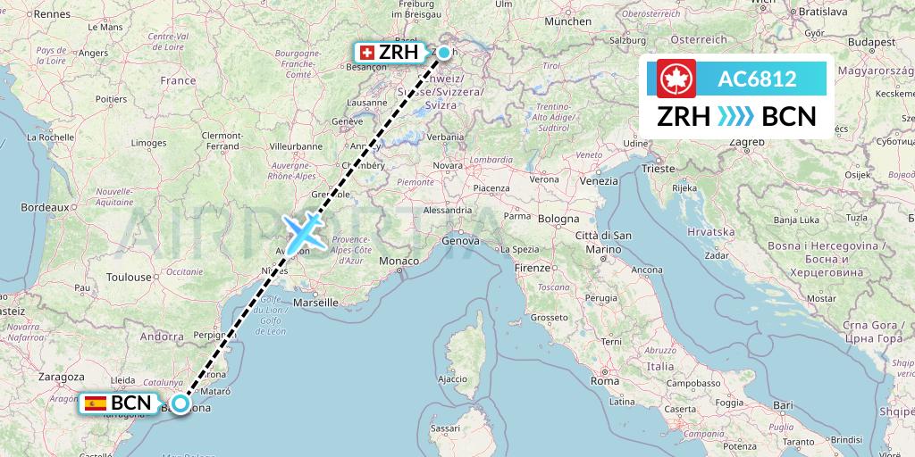 AC6812 Air Canada Flight Map: Zurich to Barcelona