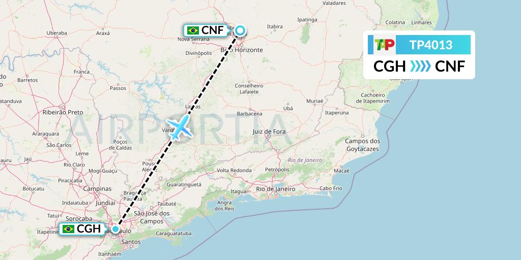 TP4013 TAP Portugal Flight Map: Sao Paulo to Belo Horizonte