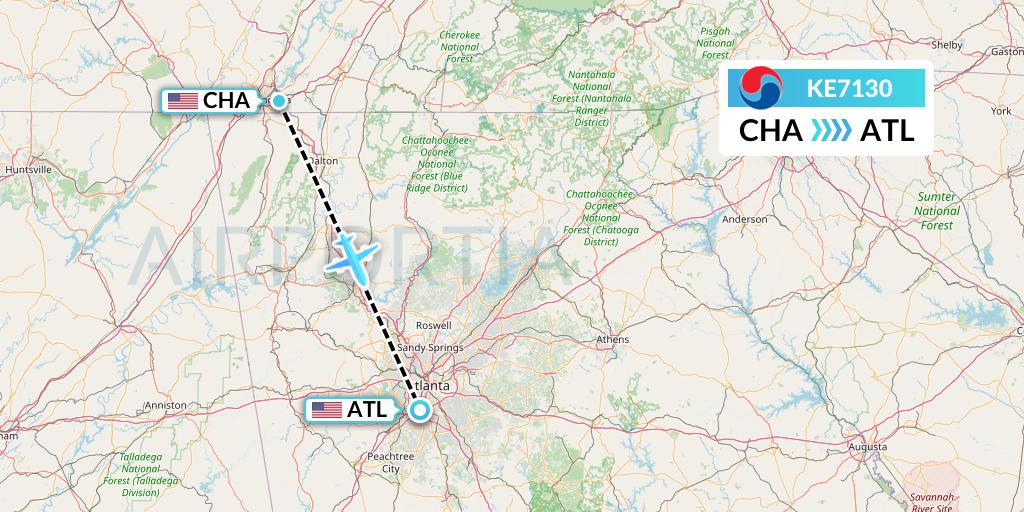 KE7130 Korean Air Flight Map: Chattanooga to Atlanta