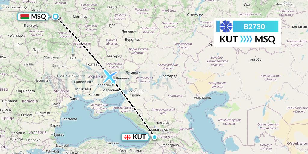 B2730 Belavia Flight Map: Kutaisi to Minsk