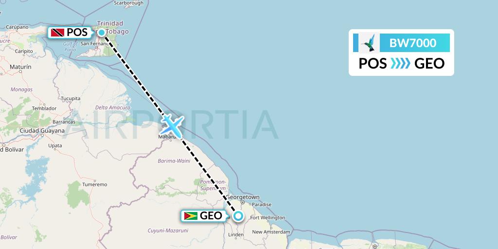 BW7000 Caribbean Airlines Flight Map: Port of Spain to Georgetown