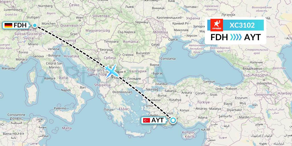 XC3102 Corendon Airlines Flight Map: Friedrichshafen to Antalya