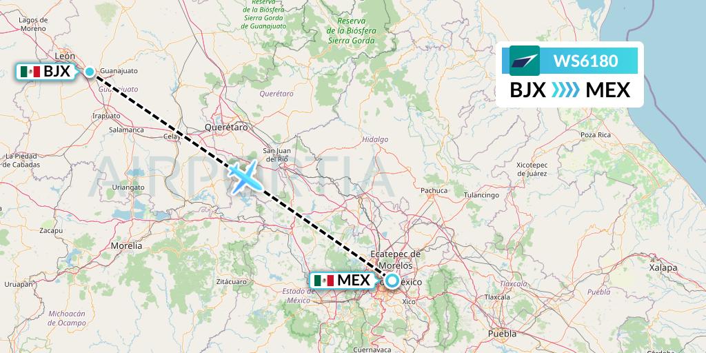 WS6180 WestJet Flight Map: Silao to Mexico City