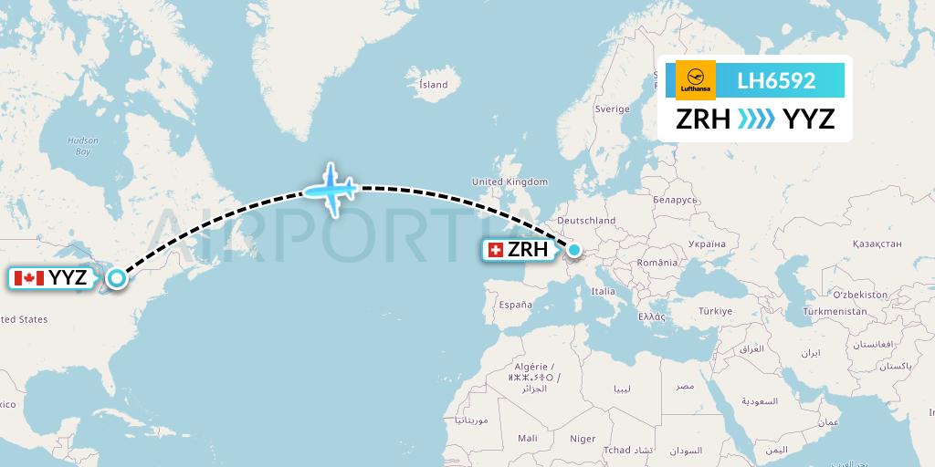 LH6592 Lufthansa Flight Map: Zurich to Toronto