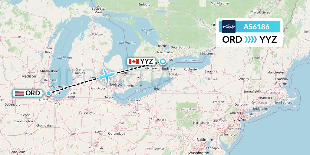 AS6186 Alaska Airlines Flight Map: Chicago to Toronto