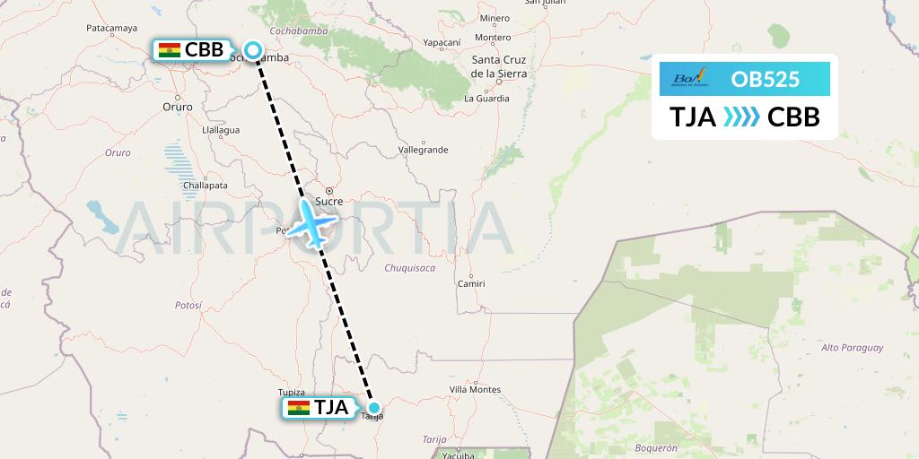 OB525 Boliviana de Aviacion Flight Map: Tarija to Cochabamba