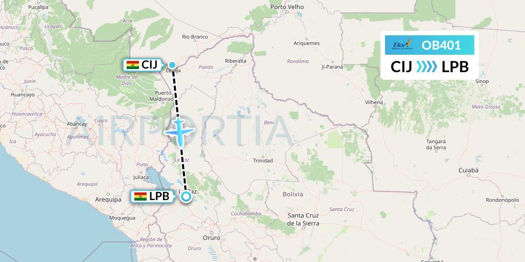 OB401 Boliviana de Aviacion Flight Map: Cobija to La Paz
