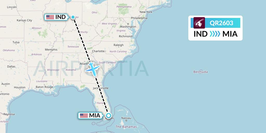 QR2603 Qatar Airways Flight Map: Indianapolis to Miami