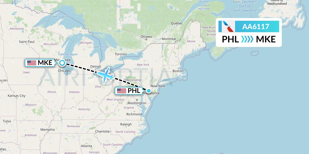 AA6117 American Airlines Flight Map: Philadelphia to Milwaukee