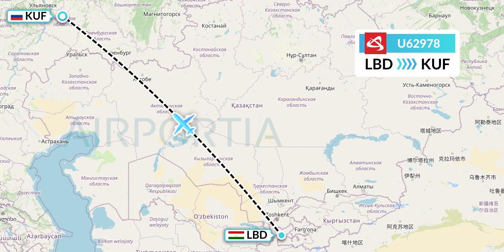 U62978 Ural Airlines Flight Map: Khudzhand to Samara