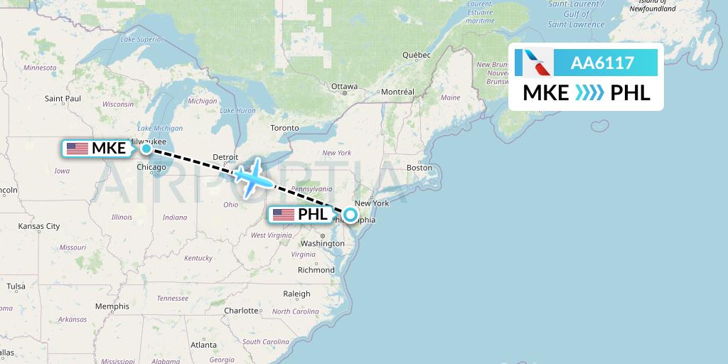 AA6117 American Airlines Flight Map: Milwaukee to Philadelphia