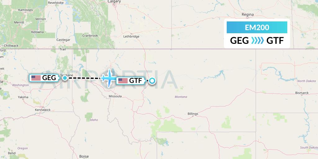 EM200 Empire Airlines Flight Map: Spokane to Great Falls