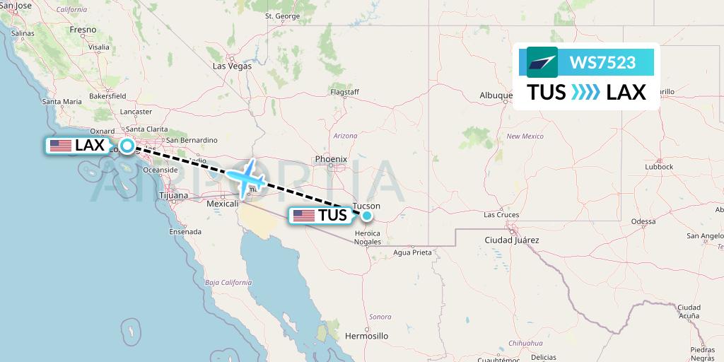 WS7523 WestJet Flight Map: Tucson to Los Angeles